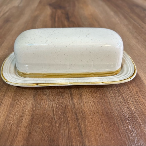 Vintage Crown Manor Handpainted Stoneware Butter Dish Japan Speckled Beige Brown - Picture 2 of 8